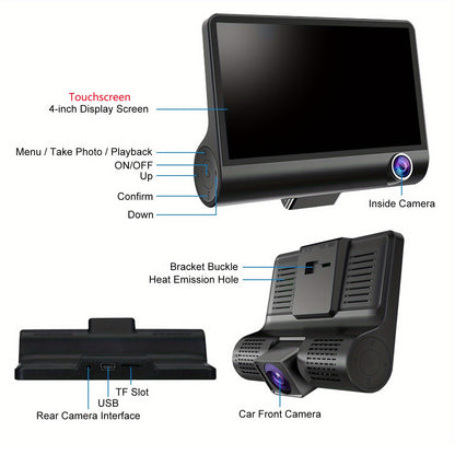Triple Lens Dash Cam – 1080P HD Front, Cabin & Rear with 4-Inch Touch Screen