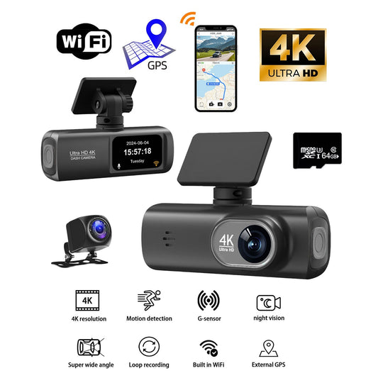 4K Front & Rear Dash Cam – WiFi GPS Car Camera with Night Vision + 64GB Card