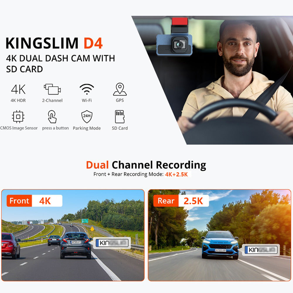 4K and 2.5K Dual Dash Cam with WiFi GPS, Front and Rear, 32GB Card