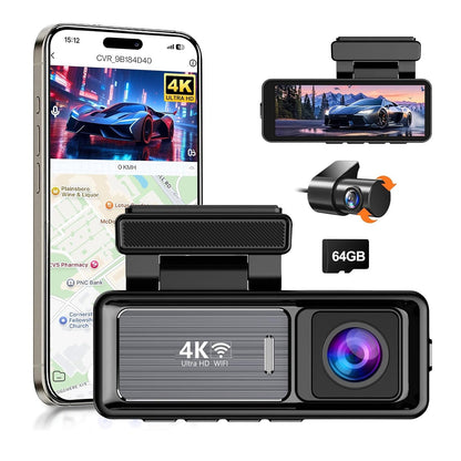 4K WiFi Dash Cam with 1080P Rear, GPS & 64GB Card – Dual Recording