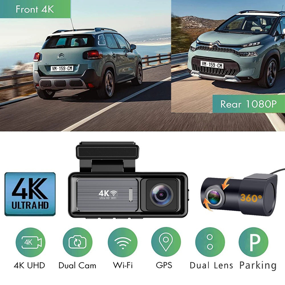 4K WiFi Dash Cam with 1080P Rear, GPS & 64GB Card – Dual Recording