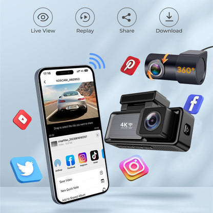 4K WiFi Dash Cam with 1080P Rear, GPS & 64GB Card – Dual Recording