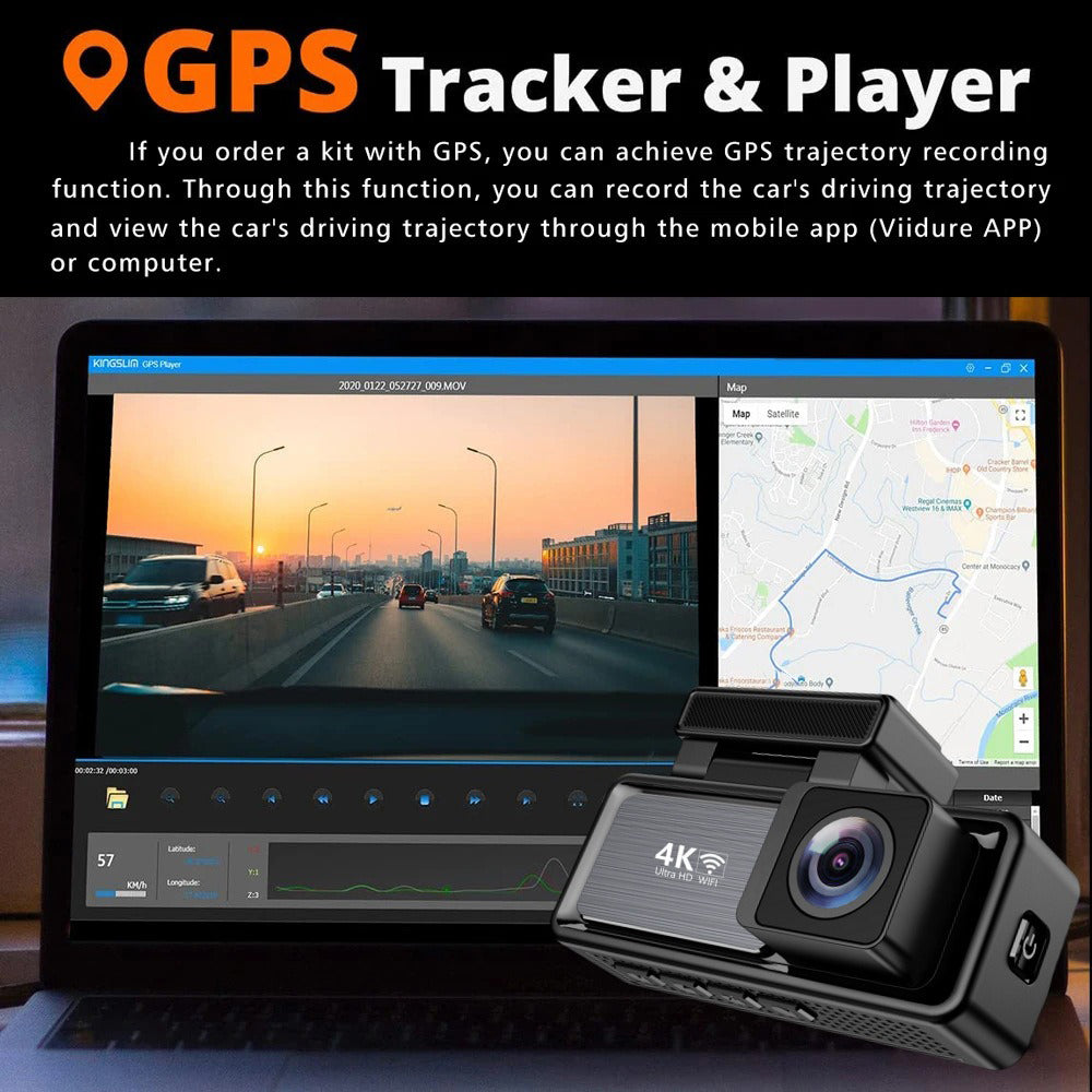 4K WiFi Dash Cam with 1080P Rear, GPS & 64GB Card – Dual Recording