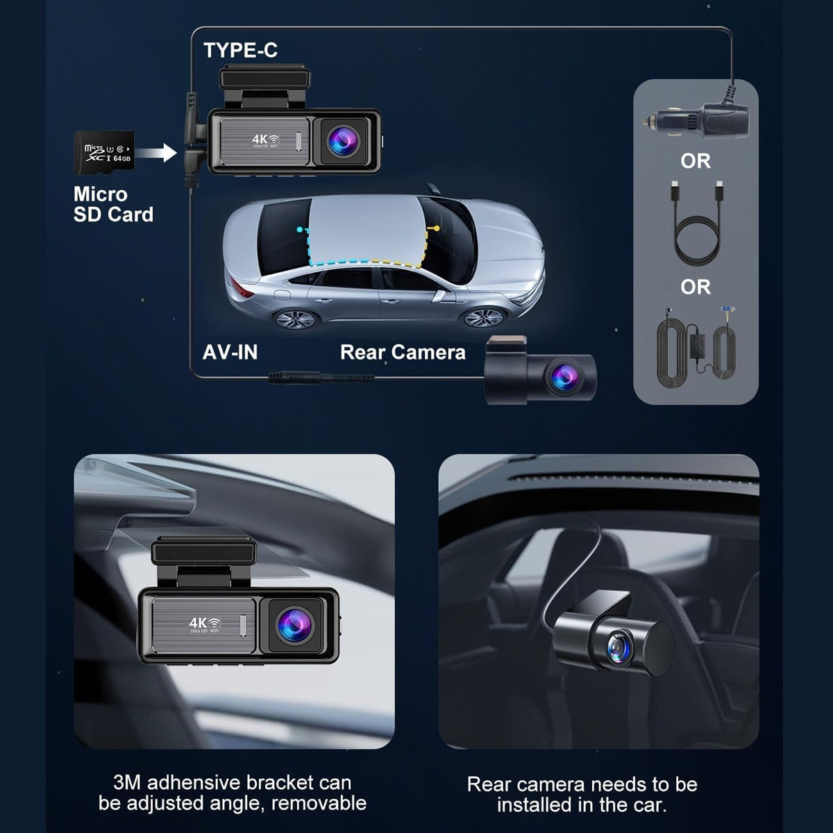 4K WiFi Dash Cam with 1080P Rear, GPS & 64GB Card – Dual Recording
