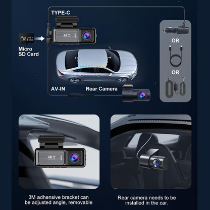 4K WiFi Dash Cam with 1080P Rear, GPS & 64GB Card – Dual Recording