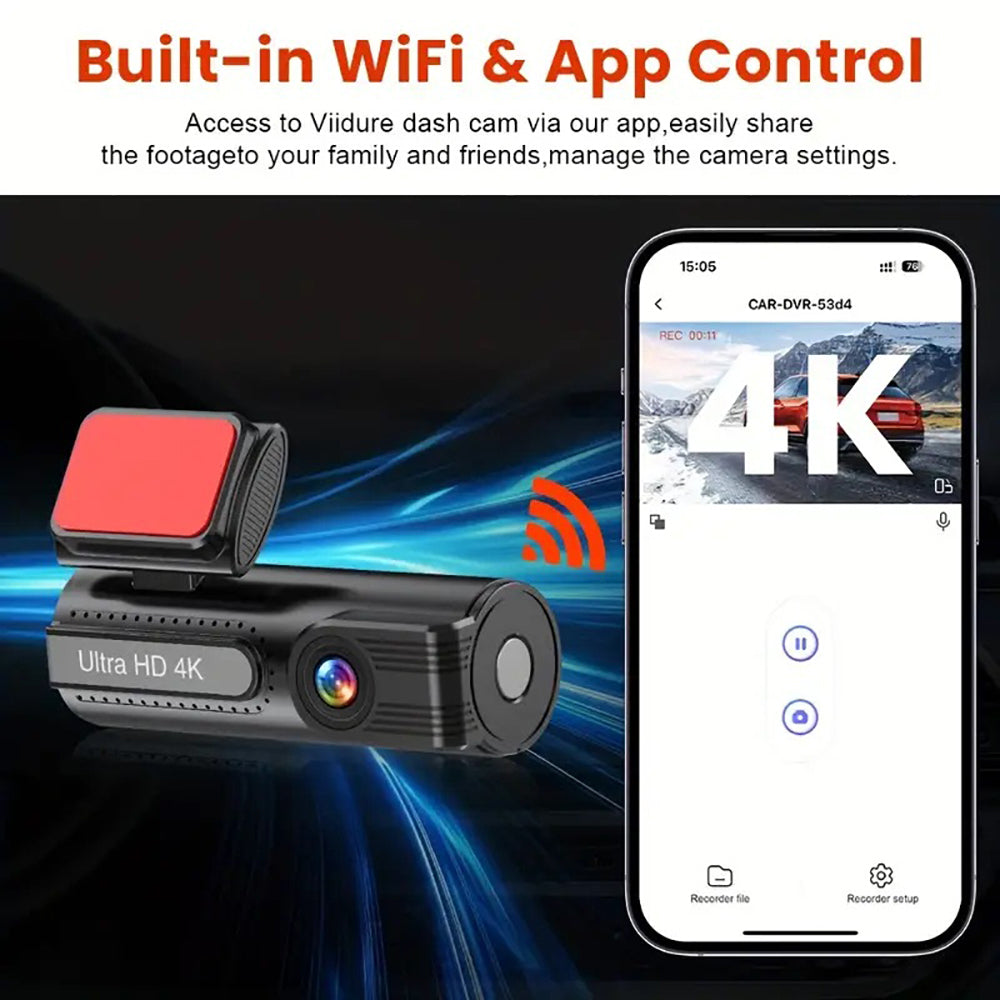 4K WiFi Dual Dash Cam – Front & Rear Night Vision with App Control & 32GB Card