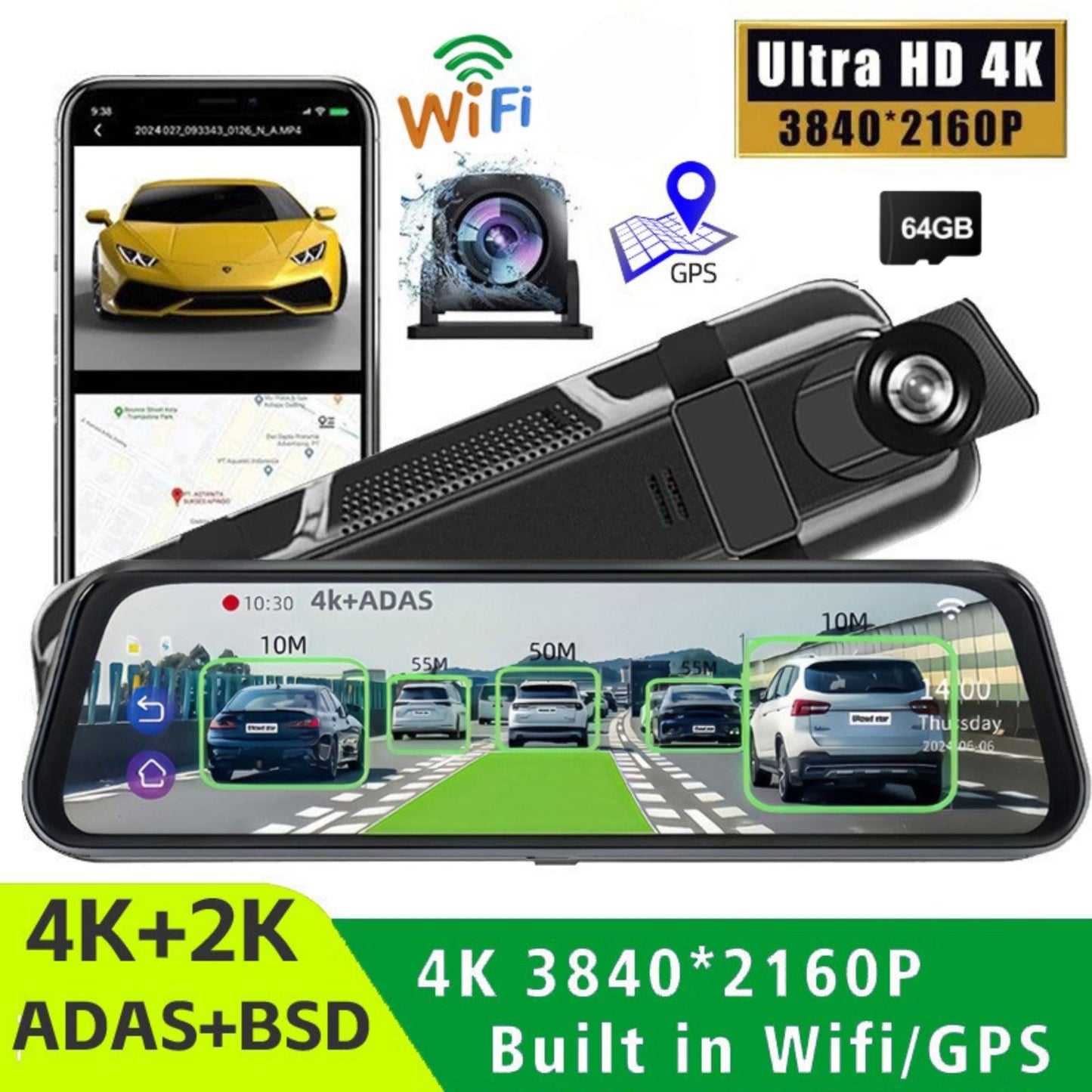 10 Inch 4K Mirror Dash Cam, 2K Rear Camera, WiFi GPS, 64GB Card Included