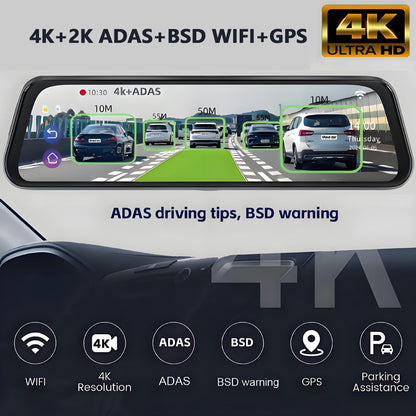 10 Inch 4K Mirror Dash Cam, 2K Rear Camera, WiFi GPS, 64GB Card Included