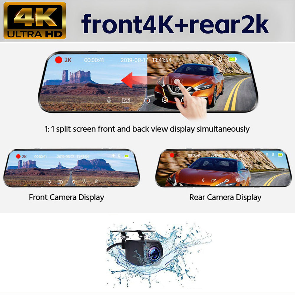 10 Inch 4K Mirror Dash Cam, 2K Rear Camera, WiFi GPS, 64GB Card Included
