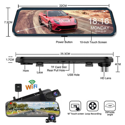 10 Inch 4K Mirror Dash Cam, 2K Rear Camera, WiFi GPS, 64GB Card Included