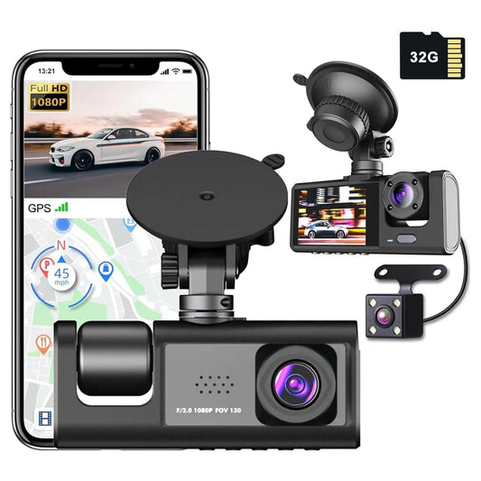 WiFi 3-Channel Dash Cam – 1080P Full HD + Free 32GB Card Included