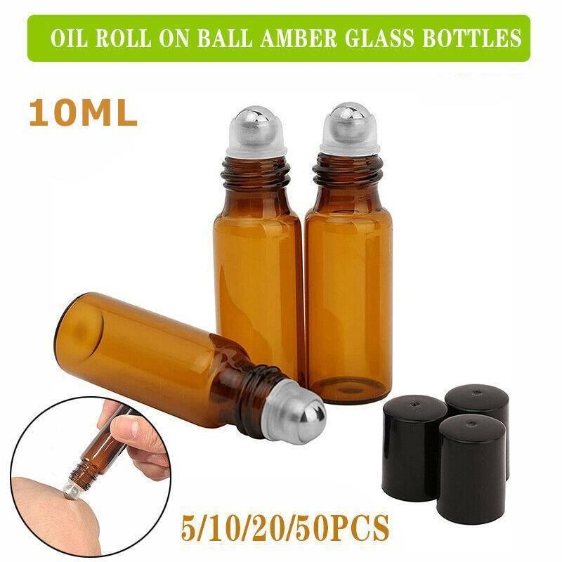 Amber Glass Roller Bottles 10ml, 50 Pack