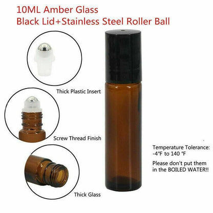 Amber Glass Roller Bottles 10ml, 50 Pack