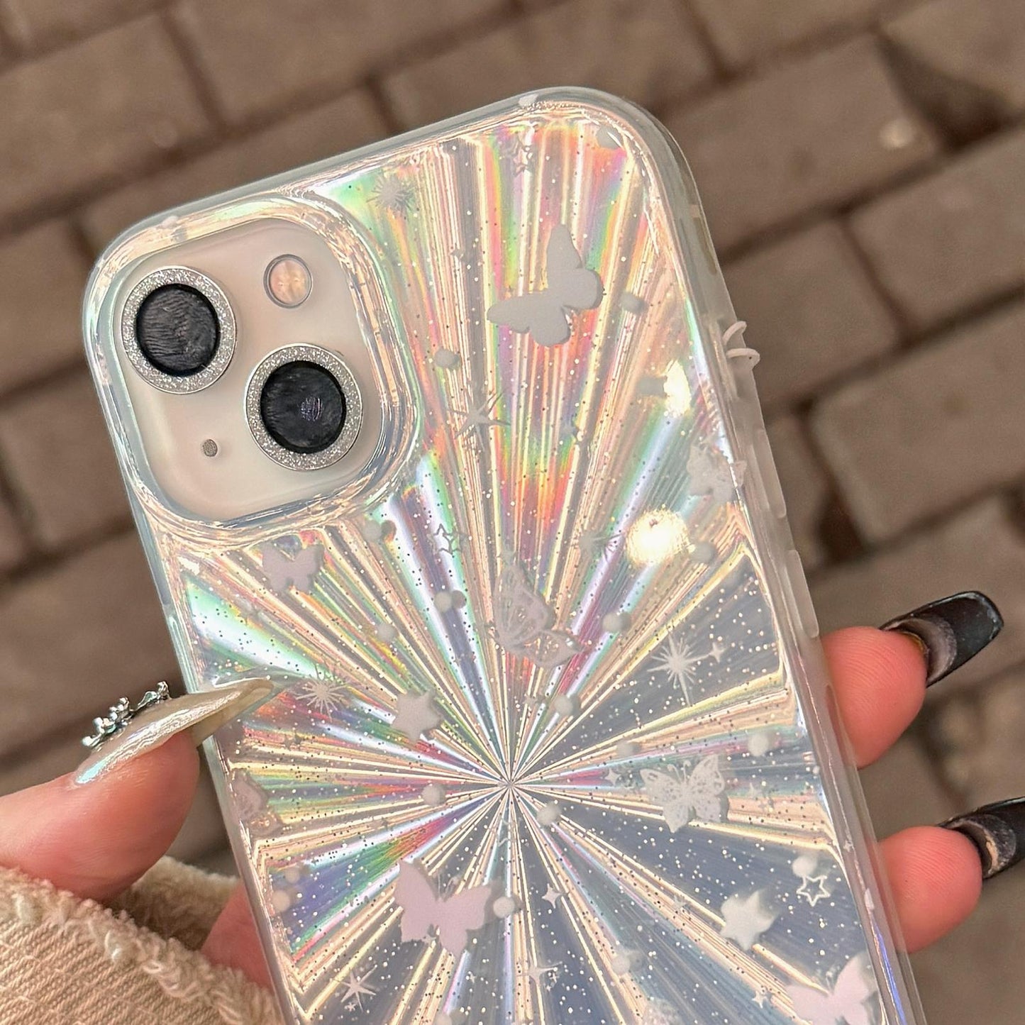 Double Layer Acrylic Tpu Shockproof Phone Case with Fireworks Butterfly Pattern and Star Butterfly Design for iPhone 15