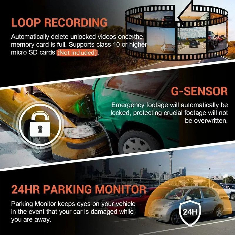 1080P WiFi Dual Lens Dash Cam, Front and Rear Car DVR