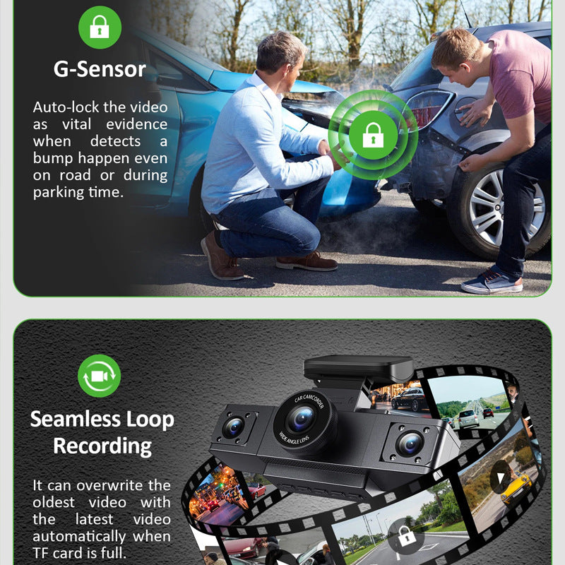 3 Inch HD 1080P Dash Cam, Front, Rear and Left Recording