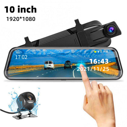 10 Inch Dual Lens Mirror Dash Cam, 1080P Touch Screen with Rear Camera, Black