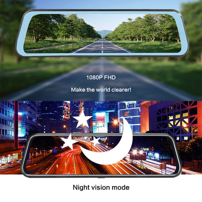 10 Inch Dual Lens Mirror Dash Cam, 1080P Touch Screen with Rear Camera, Black