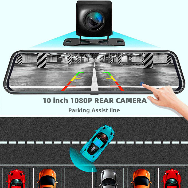 10 Inch Dual Lens Mirror Dash Cam, 1080P Touch Screen with Rear Camera, Black