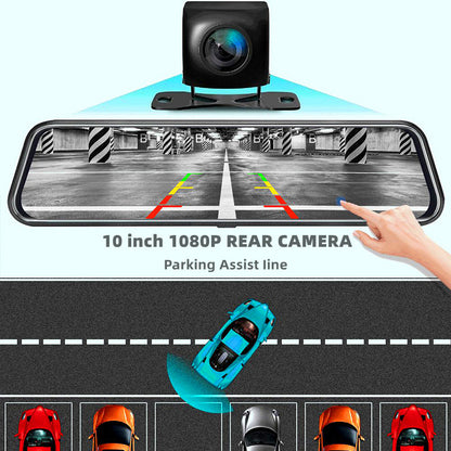 10 Inch Dual Lens Mirror Dash Cam, 1080P Touch Screen with Rear Camera, Black