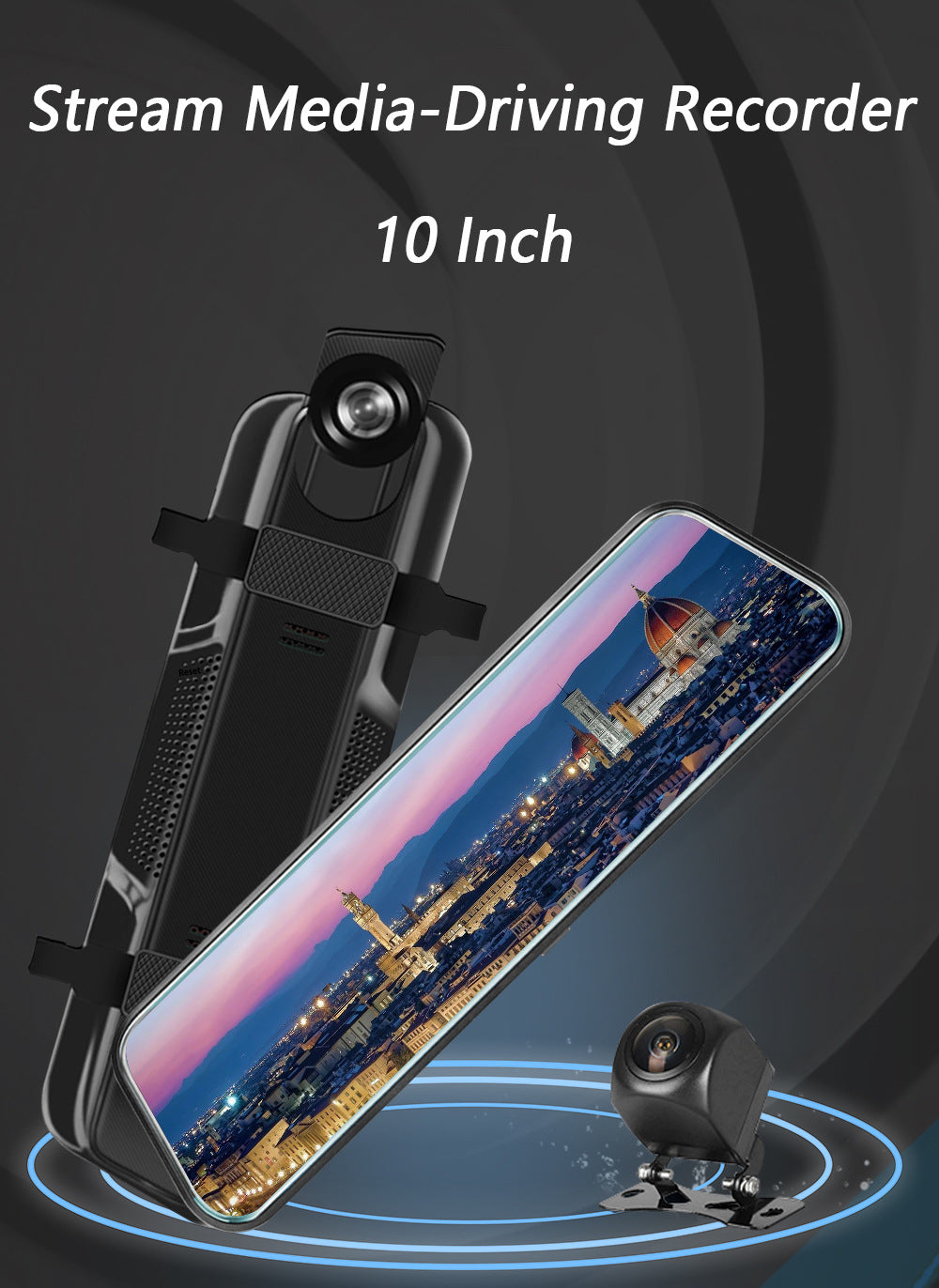 10 Inch Dual Lens Mirror Dash Cam, 1080P Touch Screen with Rear Camera, Black
