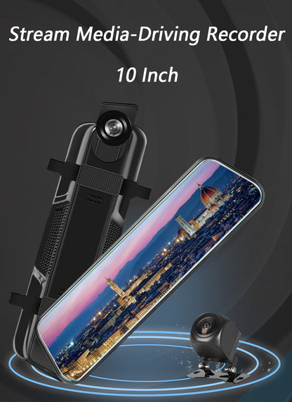 10 Inch Dual Lens Mirror Dash Cam, 1080P Touch Screen with Rear Camera, Black