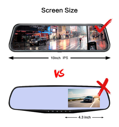 10 Inch Dual Lens Mirror Dash Cam, 1080P Touch Screen with Rear Camera, Black