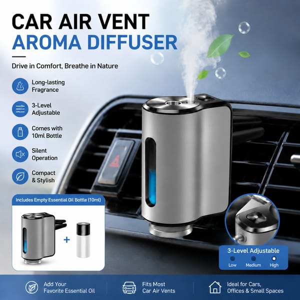 Silver car vent aroma diffuser clipped to a car air vent