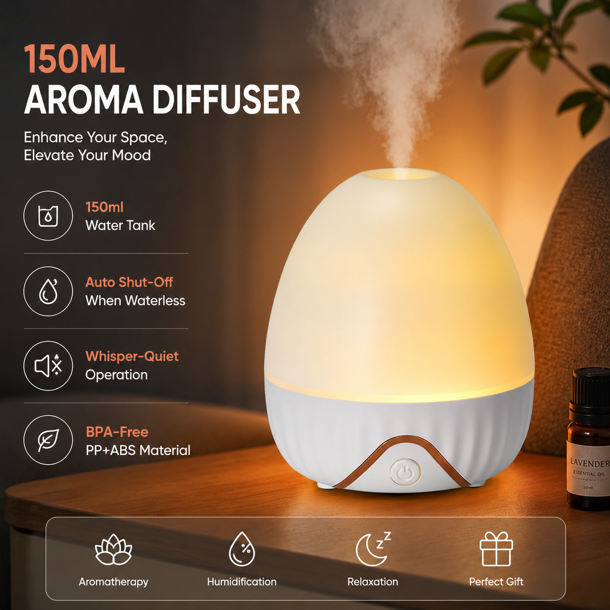 Bud Shaped Aroma Diffuser 150ml, White, with Night Light