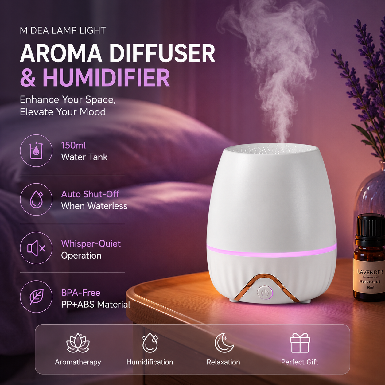 Floral Shadow Aroma Diffuser 150ml, White, with Night Light