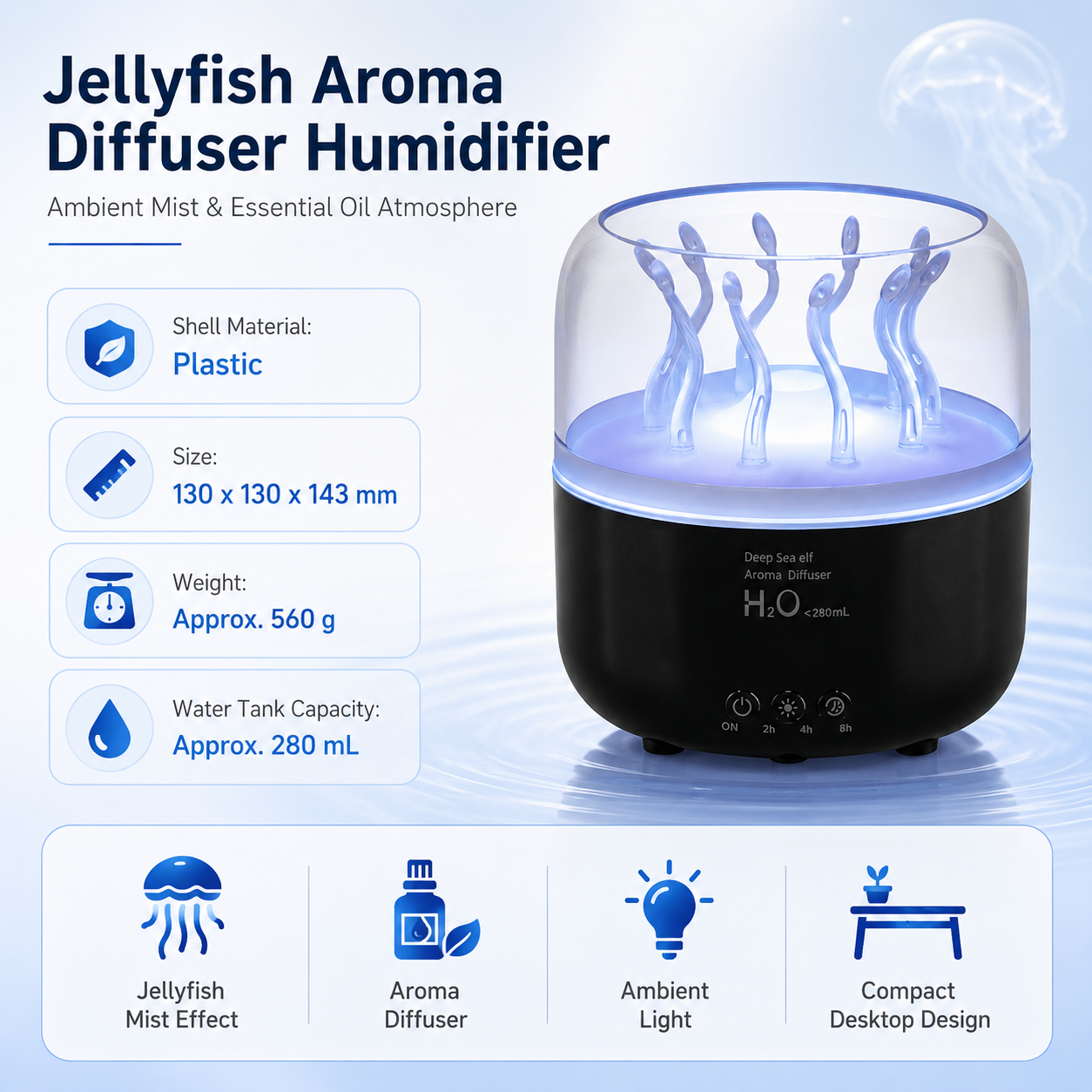 Jellyfish Aroma Diffuser 280ml, Black, Colour Changing