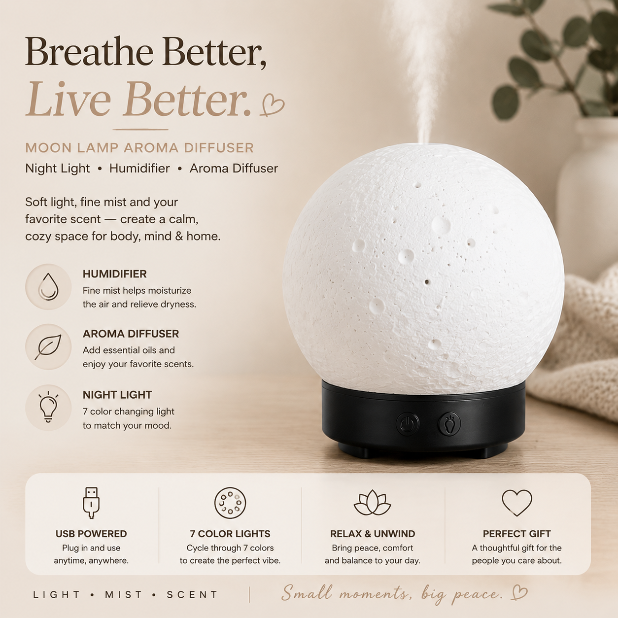 Moon Light Aroma Diffuser and Humidifier, Black Base