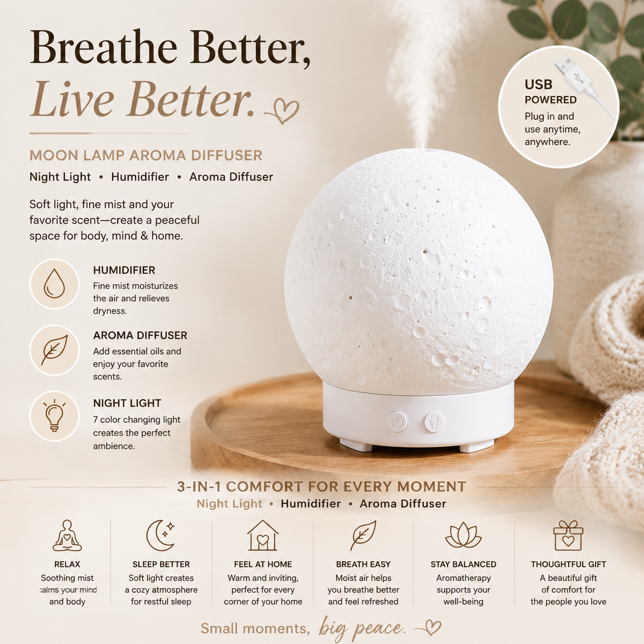 Moon Light Aroma Diffuser and Humidifier, White Base
