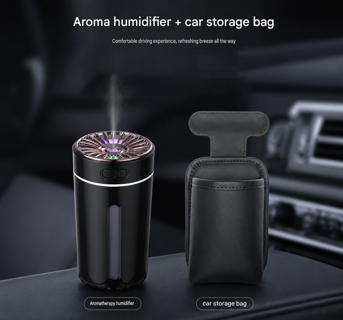 Car Aroma Diffuser with Storage Box, Black, USB Powered