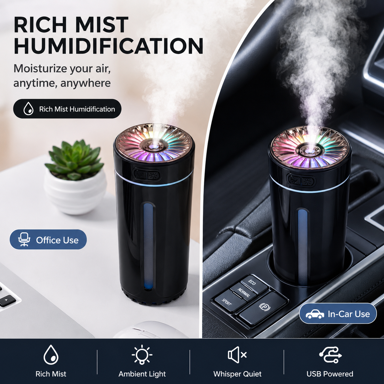 Car Aroma Diffuser with Storage Box, Black, USB Powered